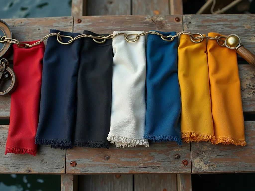 Bandes de toile colorées, rouge, noir, blanc, bleu et jaune, suspendues à des anneaux de laiton sur un pont de bois usé.