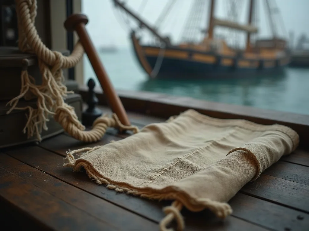 Toile de voile écrue posée sur le pont en bois d'un navire, avec cordages et gréement en arrière-plan.