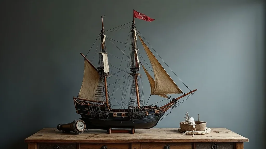 Maquette de trois-mâts à coque noire et voiles de toile écrue, posée sur une table en bois brut à côté d'une longue-vue et d'un cordage.
