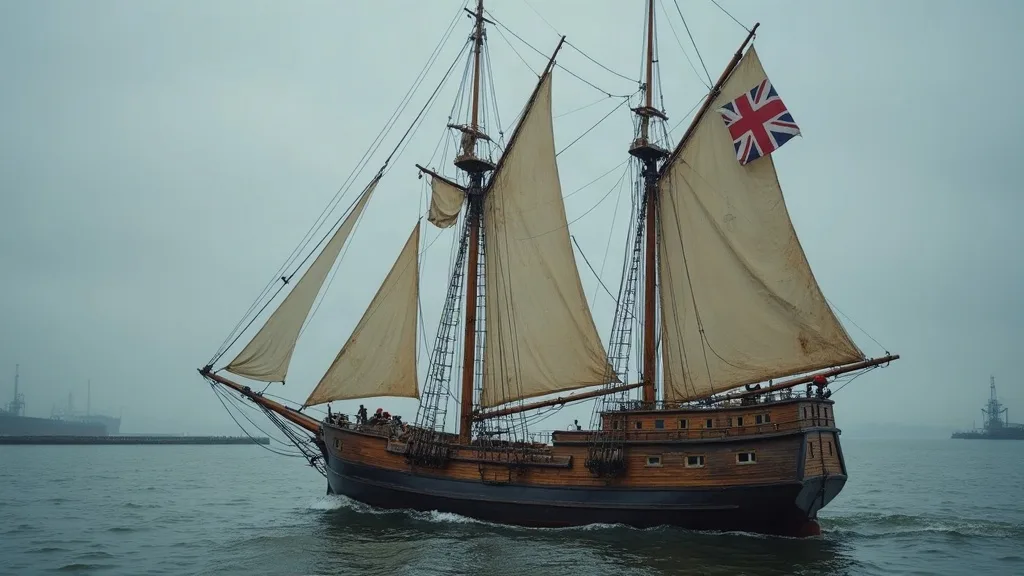 Voilier en bois à deux mâts, voiles écrues déployées, pavillon britannique en tête de mât sous un ciel gris.