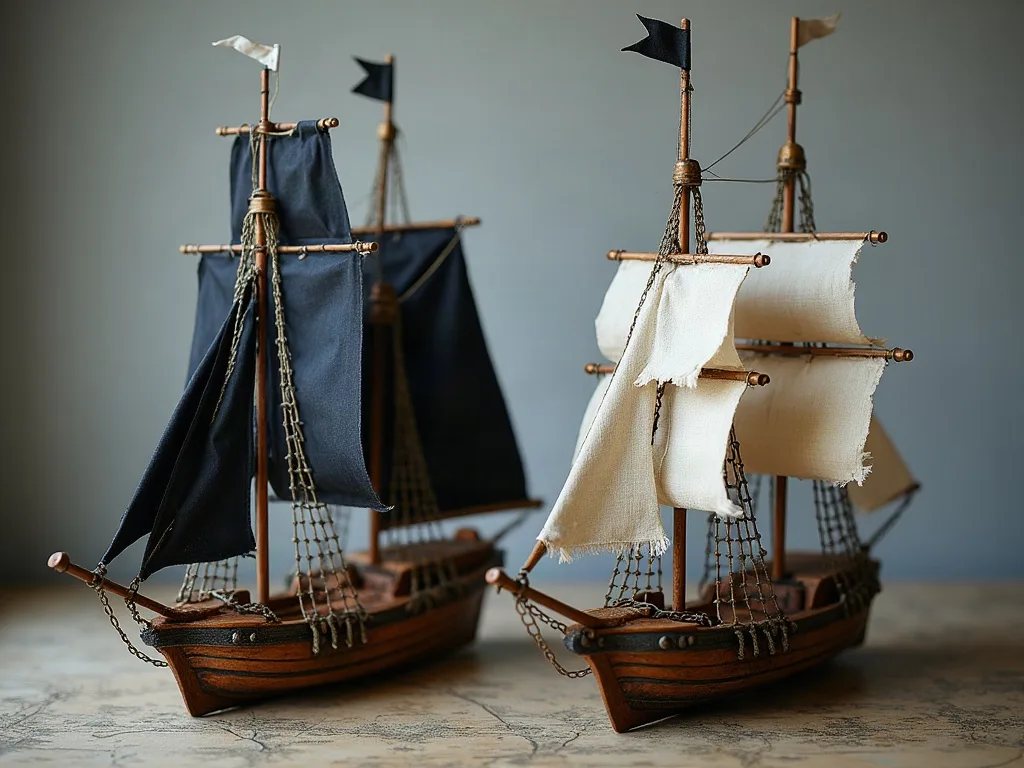 Deux maquettes de voiliers en bois côte à côte: voiles noires intactes contre toile écrue effrangée.
