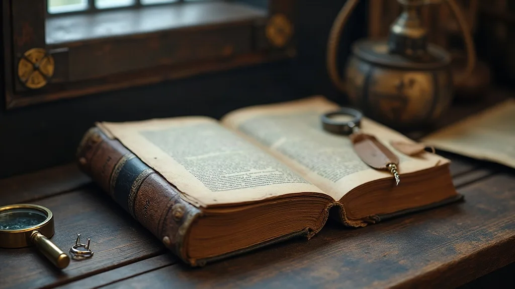 Ouvrage relié en cuir ouvert sur une table en bois sombre, près d'une loupe en laiton, papier jauni et dos usé.