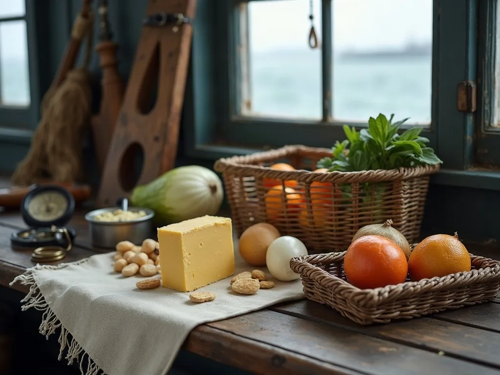 Vivres des premiers jours sur une table de bord: beurre, biscuits secs, oignons, chou et agrumes en panier d'osier, devant la fenêtre ouverte sur le port.
