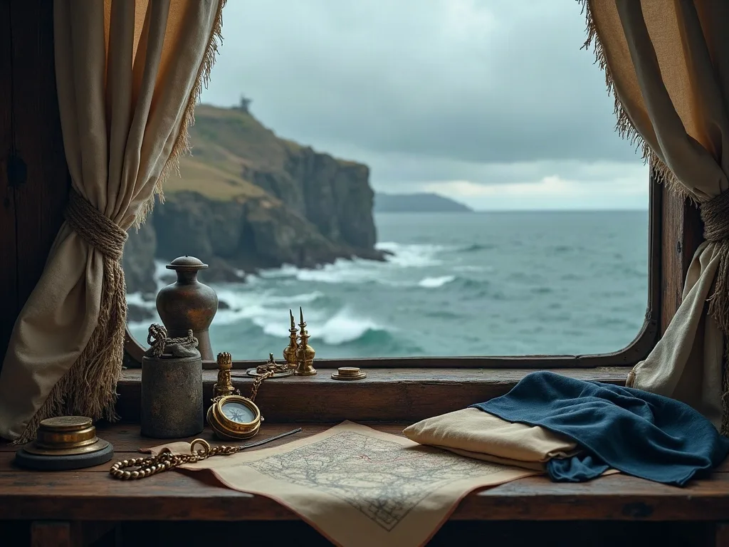 Fenêtre de cabine donnant sur des falaises côtières et l'océan agité, avec carte marine et objets de navigation sur le rebord en bois.