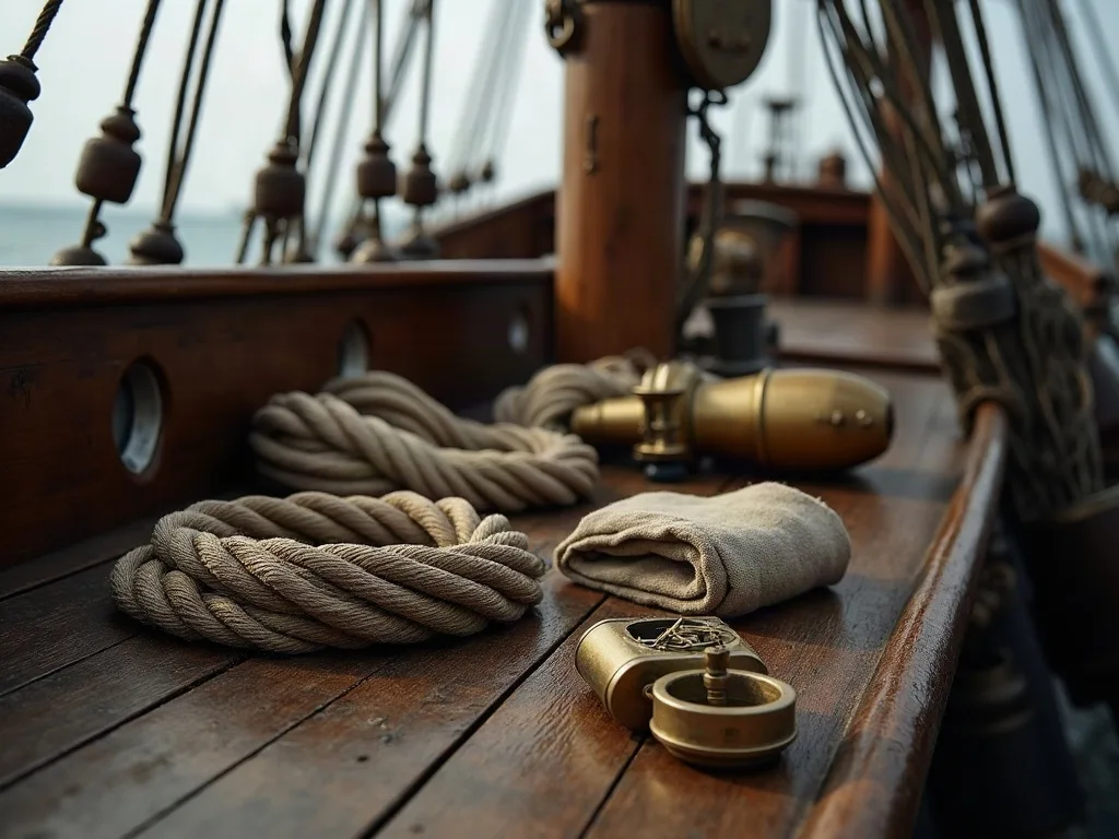 Cordages enroulés et tissu plié sur le pont en bois usé d'un voilier ancien, avec hublot et accessoires en laiton.