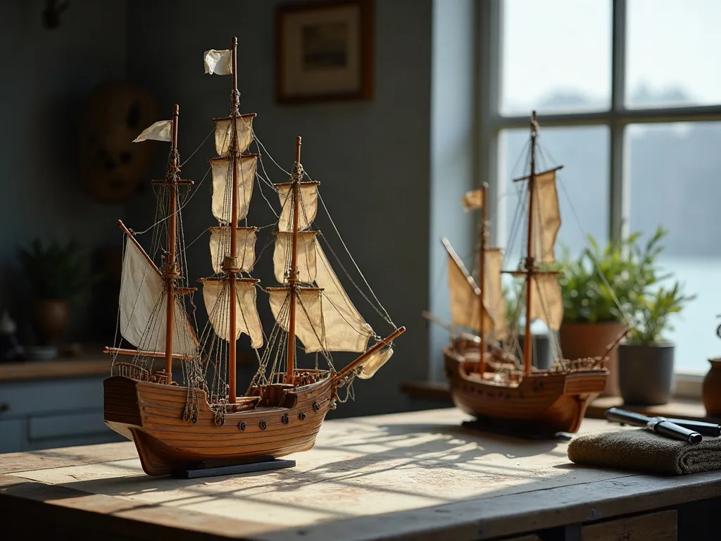 Deux maquettes de voiliers en bois, gréement et voiles de toile, posées sur un établi près de la fenêtre.