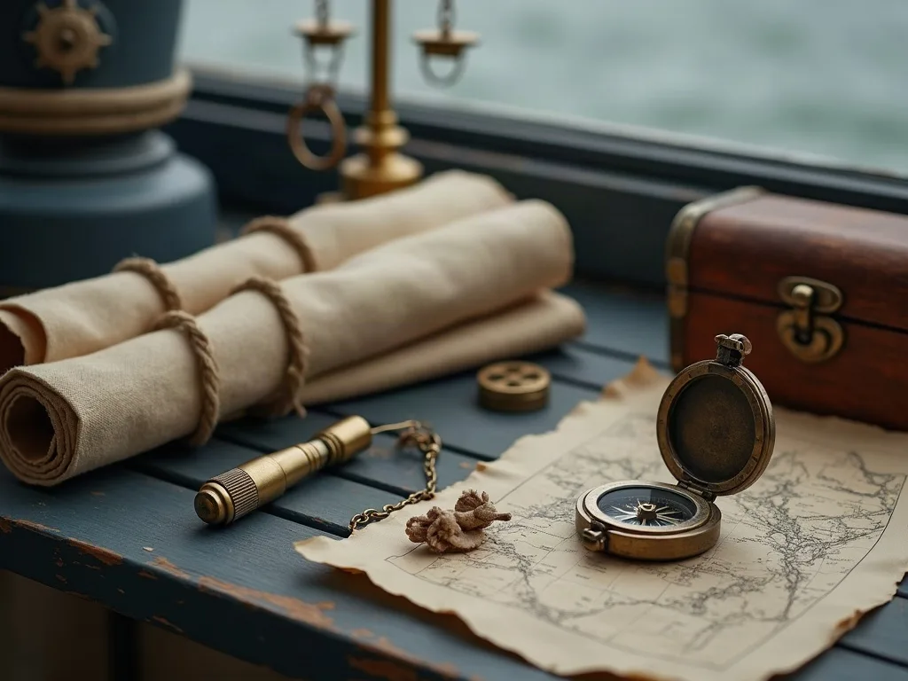 Boussole à couvercle ouvert posée sur une carte ancienne, près de rouleaux de toile liés de cordelette et d'un coffret en bois.