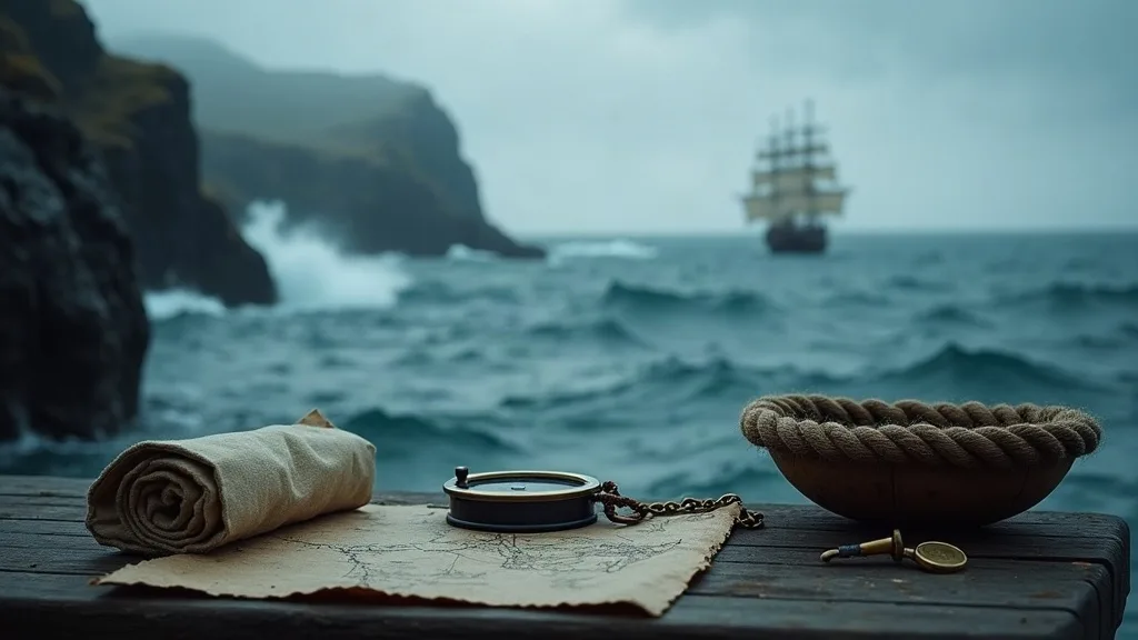 Objets marins posés sur un quai en bois face à la mer agitée et un navire à voiles au loin.