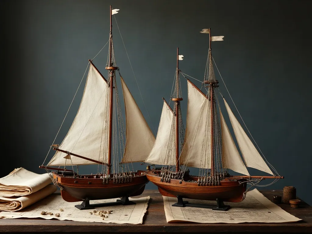 Deux maquettes de voiliers gréés de voiles en toile écrue, posées sur socles noirs au-dessus de cartes marines, sur un plan de travail en bois.
