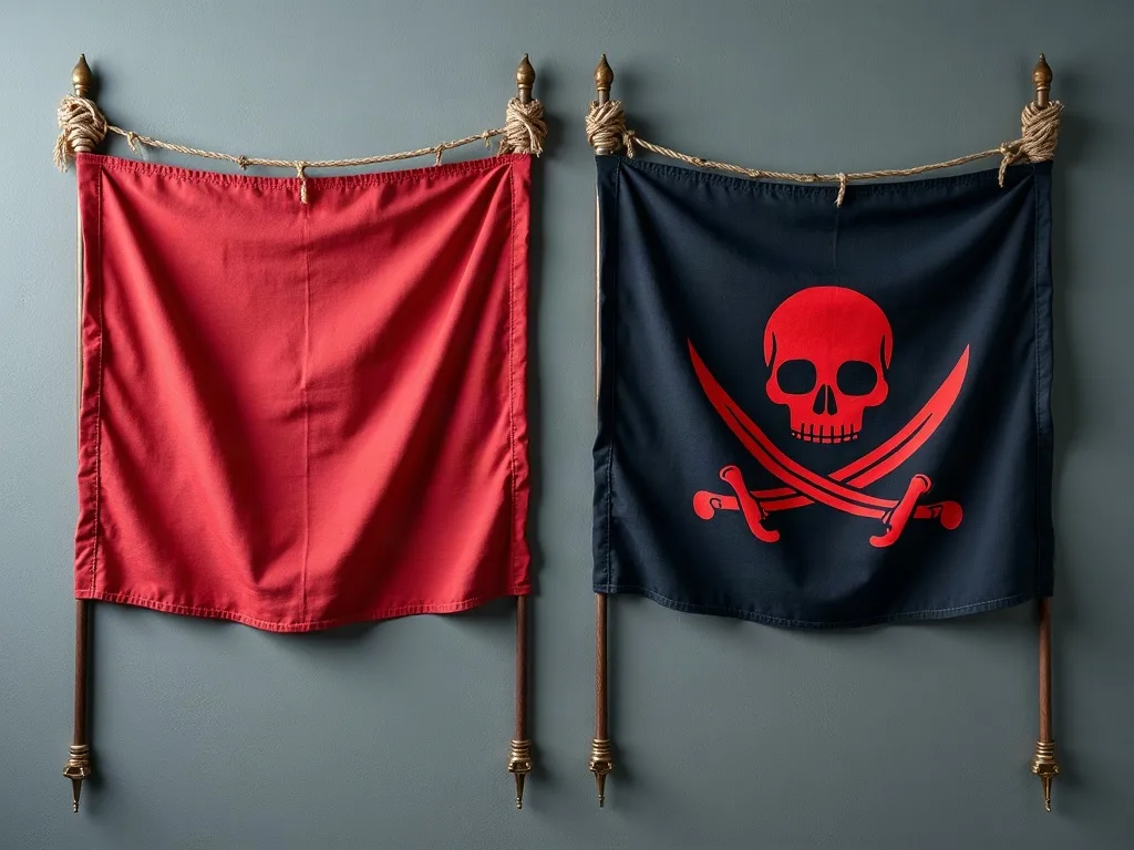Deux bannières de toile suspendues à une corde: à gauche un rouge uni, à droite un crâne rouge et sabres croisés sur fond noir.