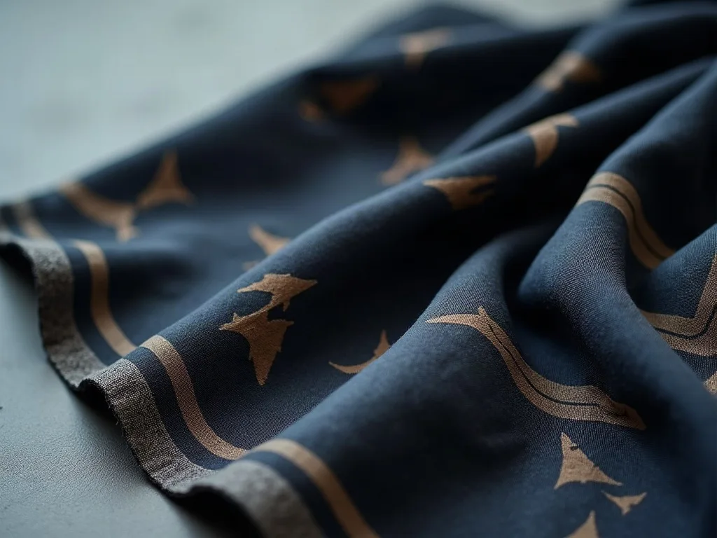 Étoffe bleu nuit imprimée de motifs ocres et de fines bordures, drapée en plis souples sur un plan gris.