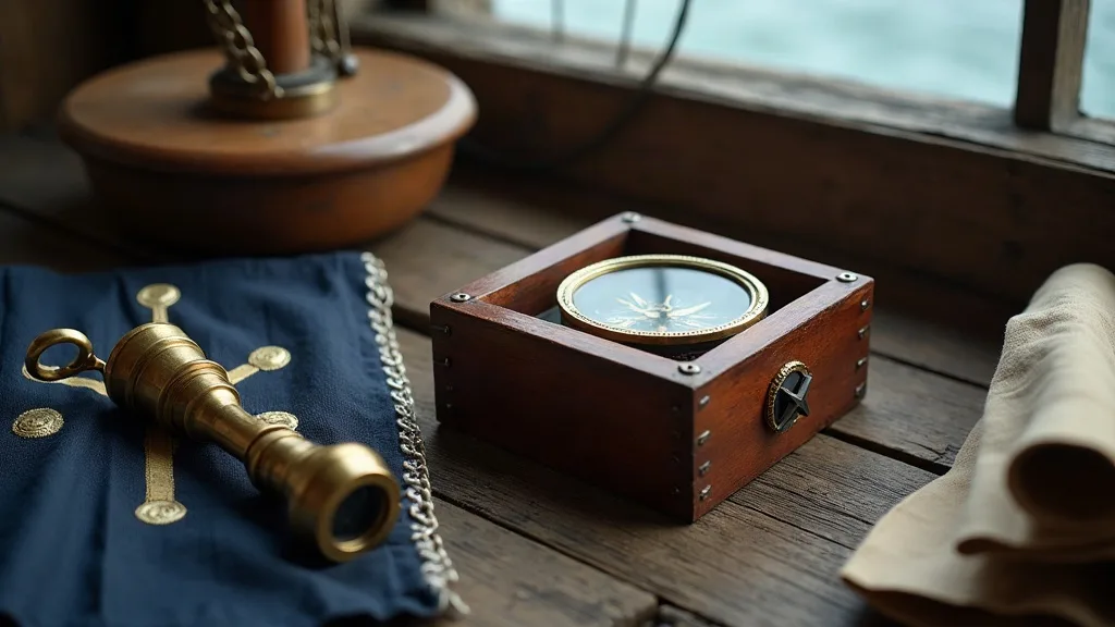 Compas de route en laiton dans son coffret d'acajou, posé sur des planches usées près d'une lucarne, avec longue-vue et toile pliée.