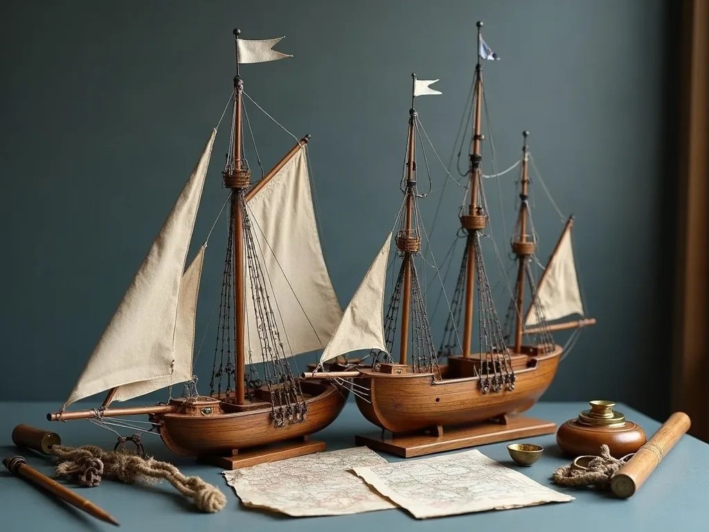 Deux maquettes en bois posées sur une table grise, voiles de toile écrue déployées, entourées de cartes marines, longue-vue et cordages.