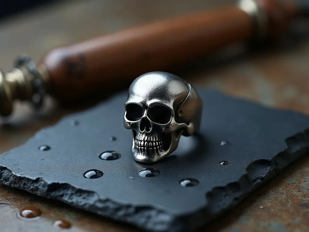 Bague crâne en acier posée sur une ardoise sombre humide, près d'un manche en bois et laiton.