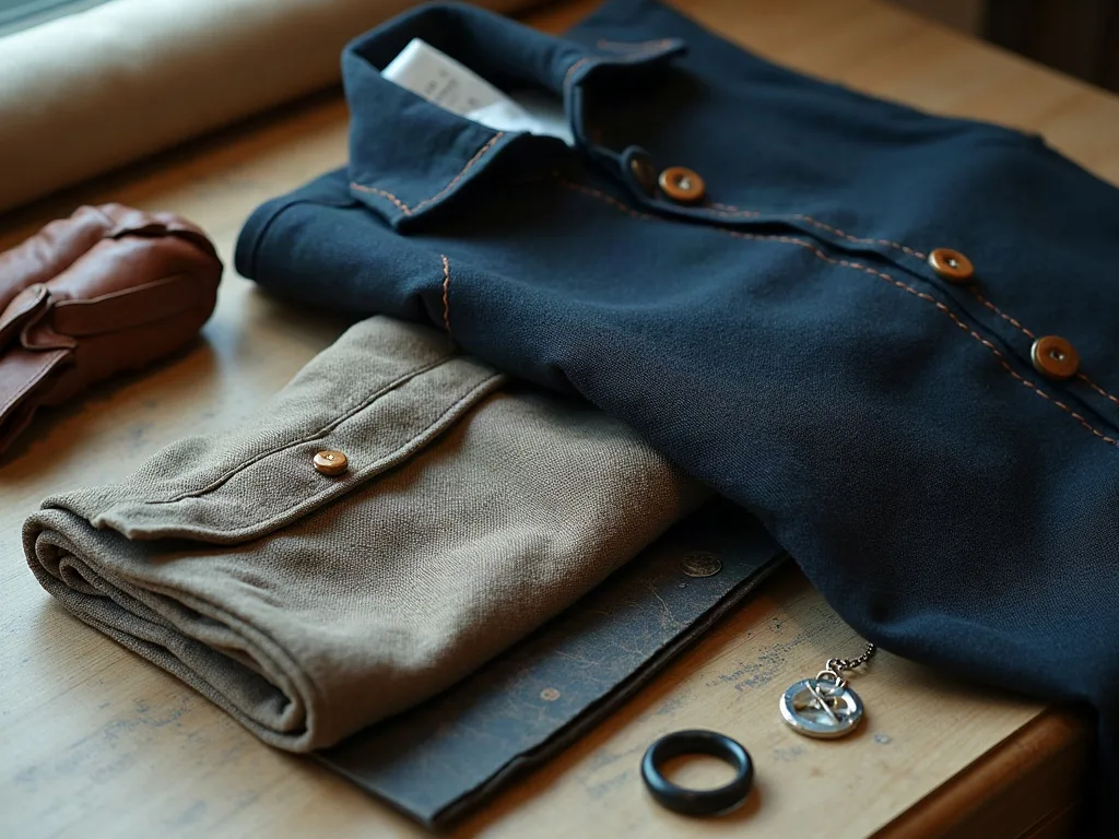 Chemise bleu nuit à surpiqûres orangées et boutons de corne, pliée près d'un tissu beige, d'un cuir brun et d'une bague noire sur une table en bois.