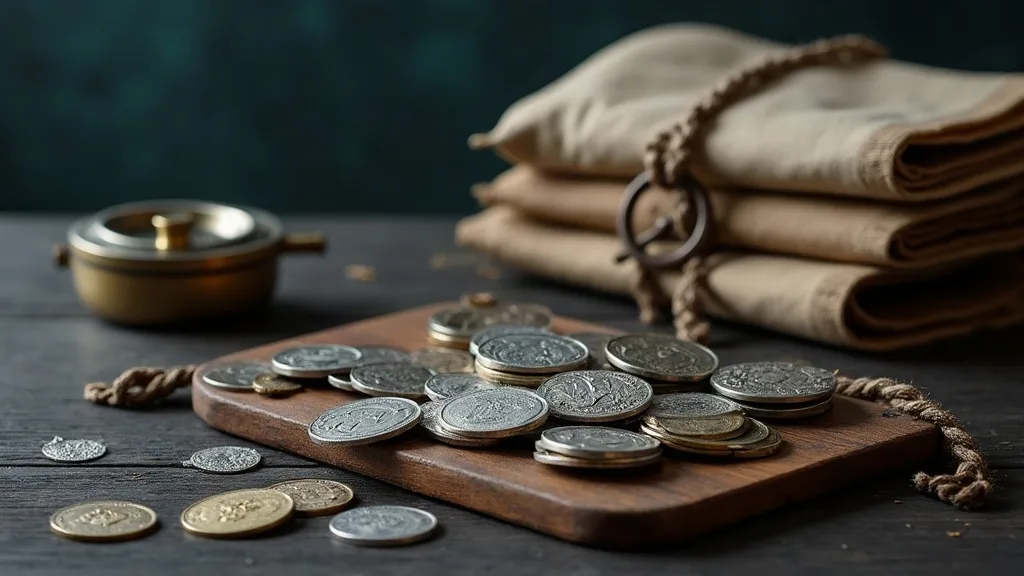 Pièces d'argent et de laiton éparpillées sur une planche de bois, près de sacs de toile ficelés.