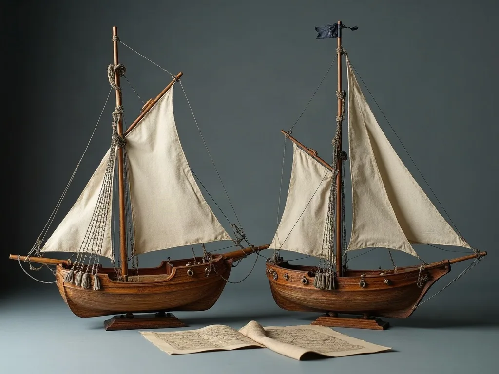 Deux maquettes de voiliers en bois à voiles de toile écrue, posées sur socle près d'une carte marine dépliée.