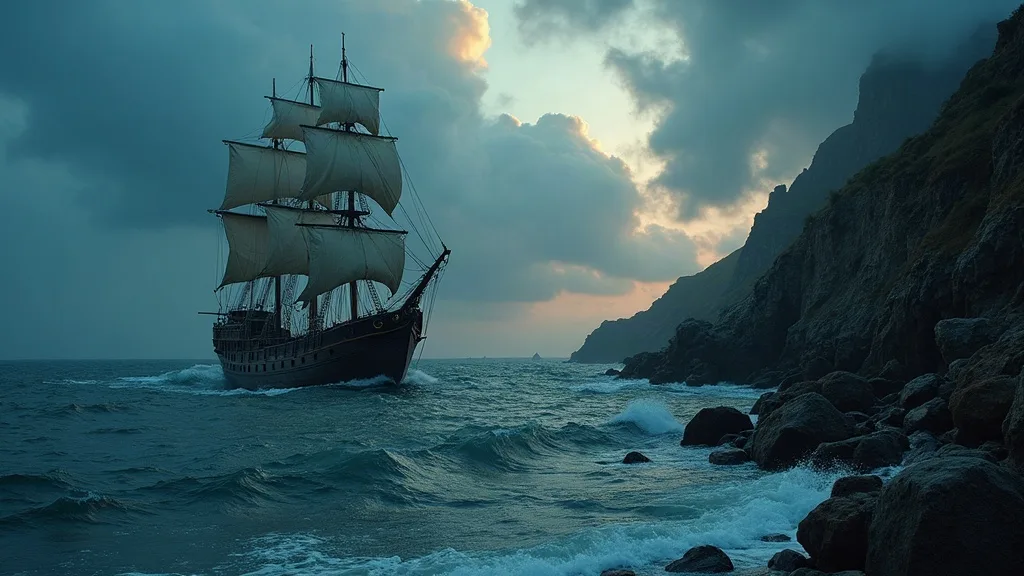 Voilier à trois mâts naviguant près de falaises rocheuses sous un ciel nuageux au crépuscule.