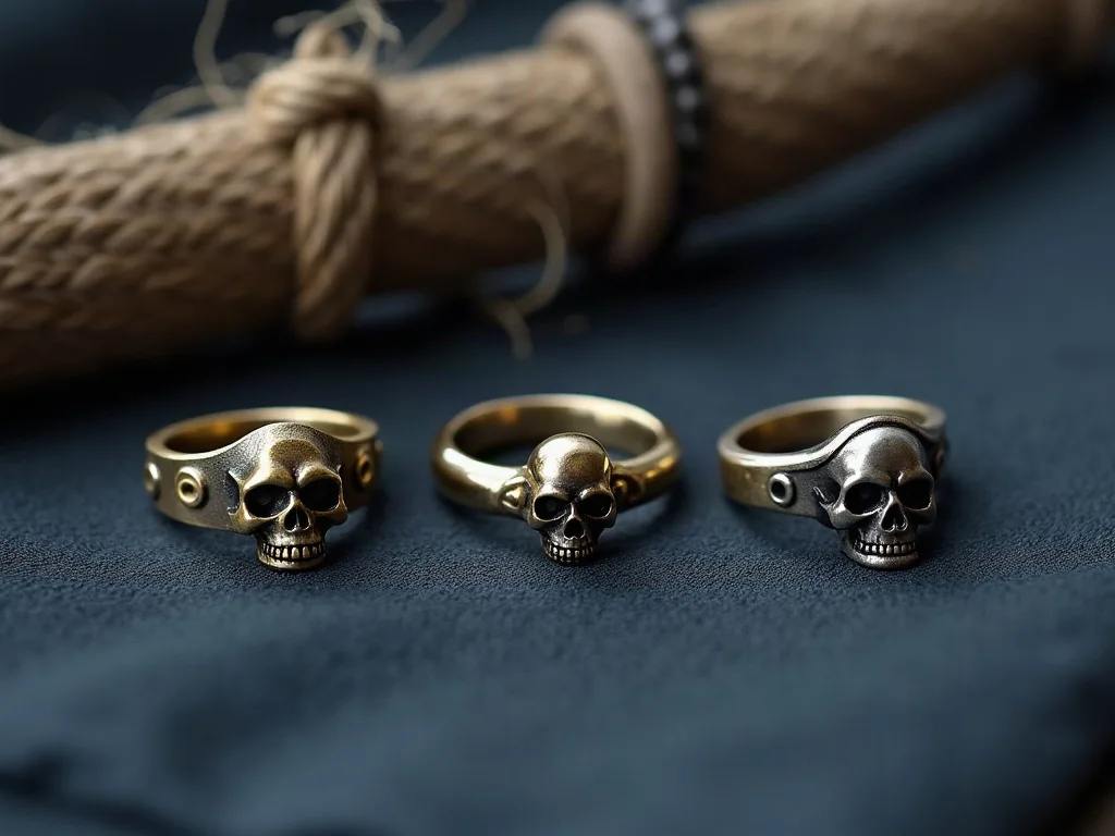 Trois bagues tête de mort, laiton patiné et acier, posées sur un lin bleu nuit près d'un cordage.
