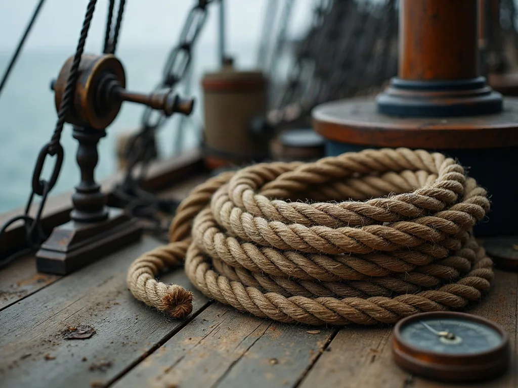Cordage de chanvre enroulé sur le pont en bois d'un navire ancien, avec poulies et équipements maritimes en arrière-plan.