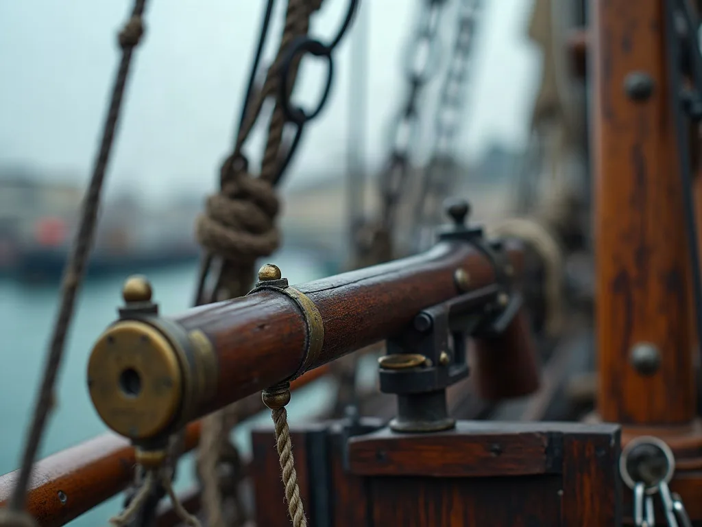 Monté sur pivot au bastingage de bois, le tromblon à embouchure de laiton pointe vers le bassin du port.