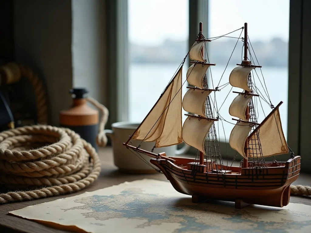 Maquette en bois d'un deux-mâts à voiles carrées posée sur une carte marine, près d'un cordage lové.