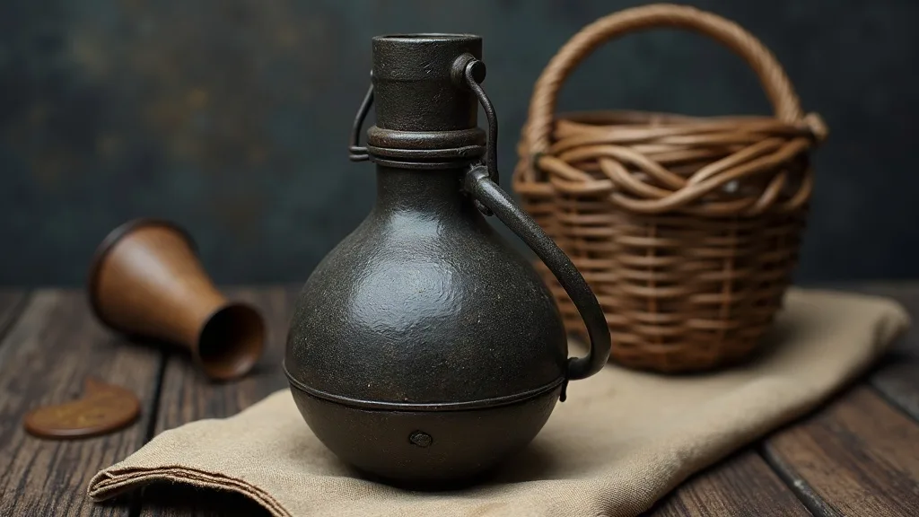 Flacon de fonte à anse métallique posé sur une toile de lin, près d'un panier d'osier et d'un bouchon de bois.