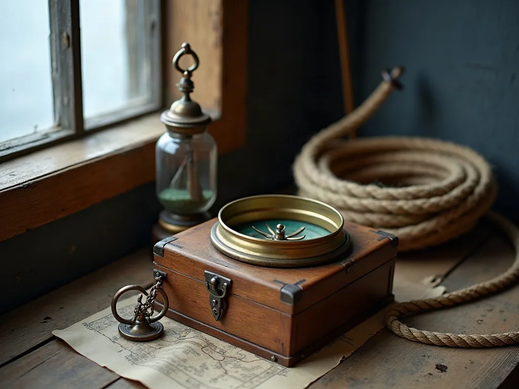 Compas de laiton sur son coffret de bois, sablier et cordage lové près d'une carte, sur une table usée près de la fenêtre.