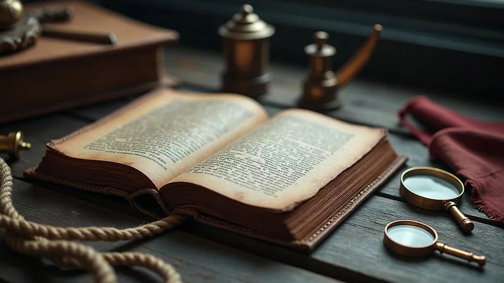 Un ouvrage ancien relié cuir, ouvert sur une table en bois sombre, entouré de loupes en laiton et d'un cordage.