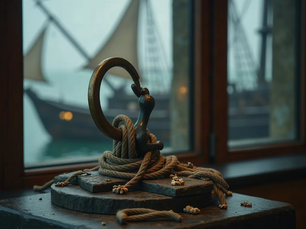 Anneau de bronze patiné et cordages de chanvre posés sur un socle de pierre, devant une fenêtre ouverte sur un voilier dans la brume.