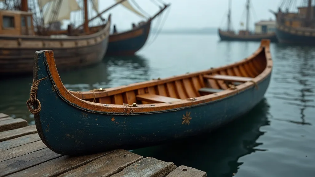 Petite embarcation de bois à coque bleue amarrée le long d'un quai, devant des voiliers dans la brume.