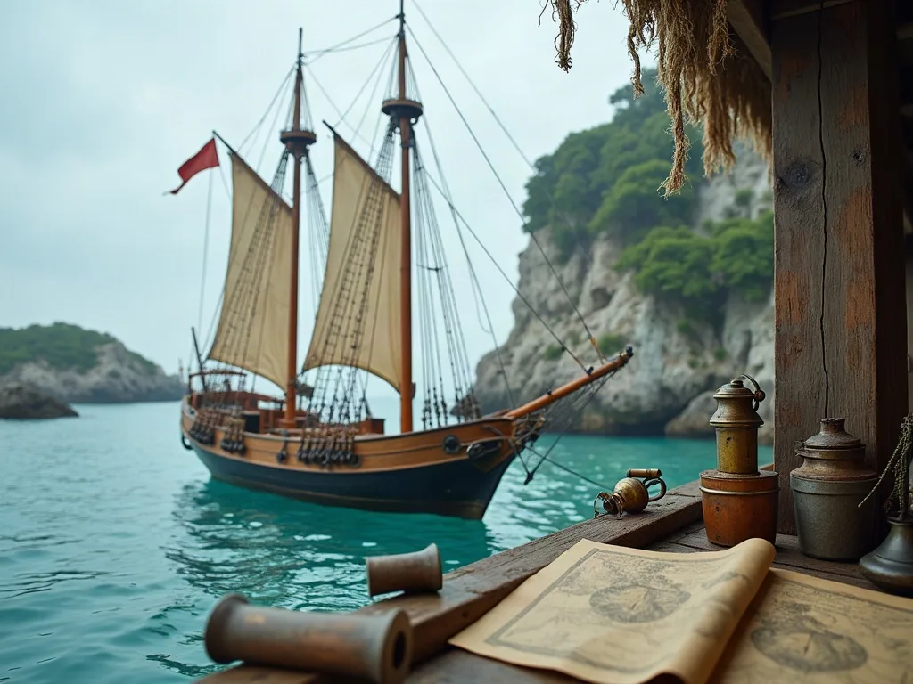 Voilier gréé à deux mâts amarré dans une crique turquoise, longeant une falaise rocheuse boisée, cartes et objets de cuivre posés sur le ponton de bois.
