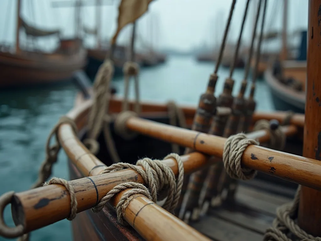 Bras de bambou ligaturés à la coque avec de la corde en fibre végétale, sans boulons, dans un port brumeux.