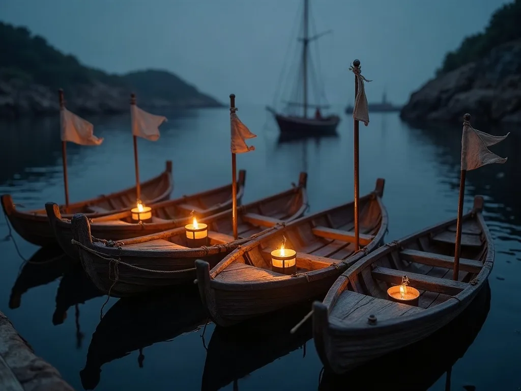 Chaloupes de bois amarrées côte à côte, lanternes allumées et fanions clairs, sur l'eau noire d'une baie rocheuse au crépuscule.