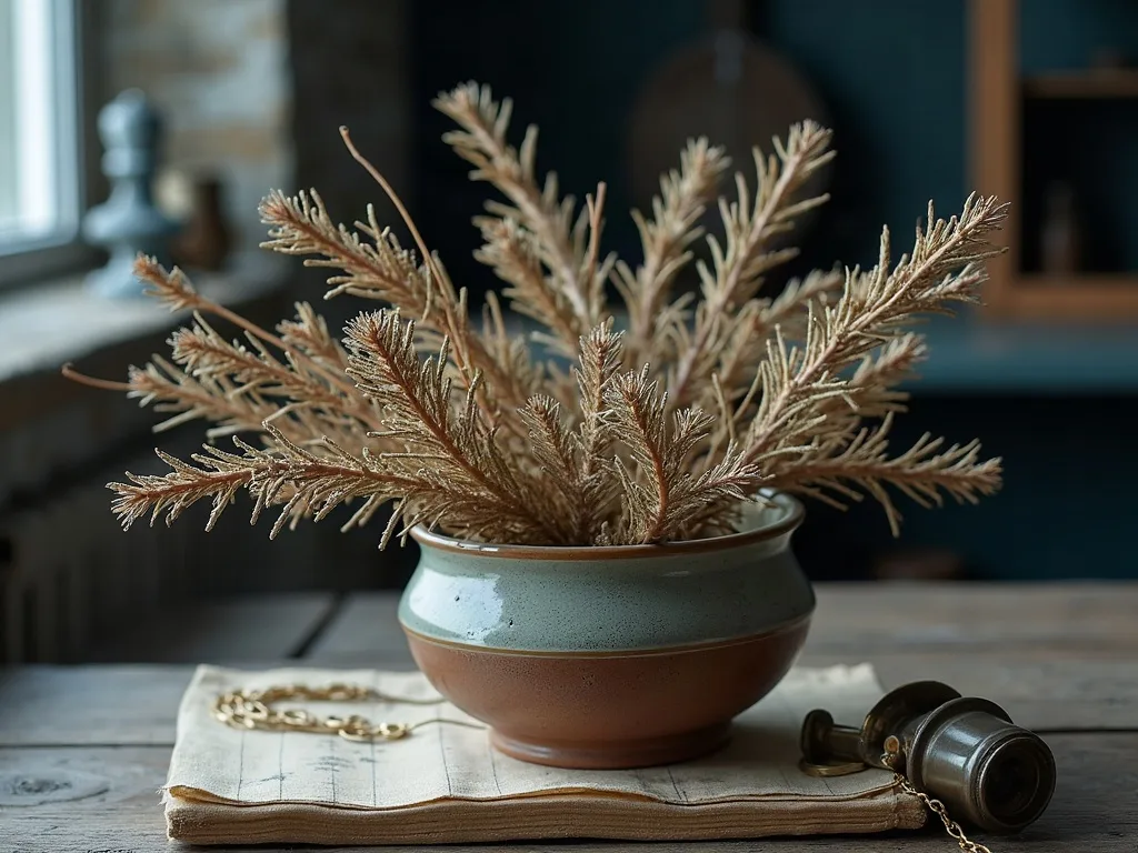 Rameaux de cèdre séchés dressés dans un bol de grès émaillé bleu-vert, sur une table de bois brut.