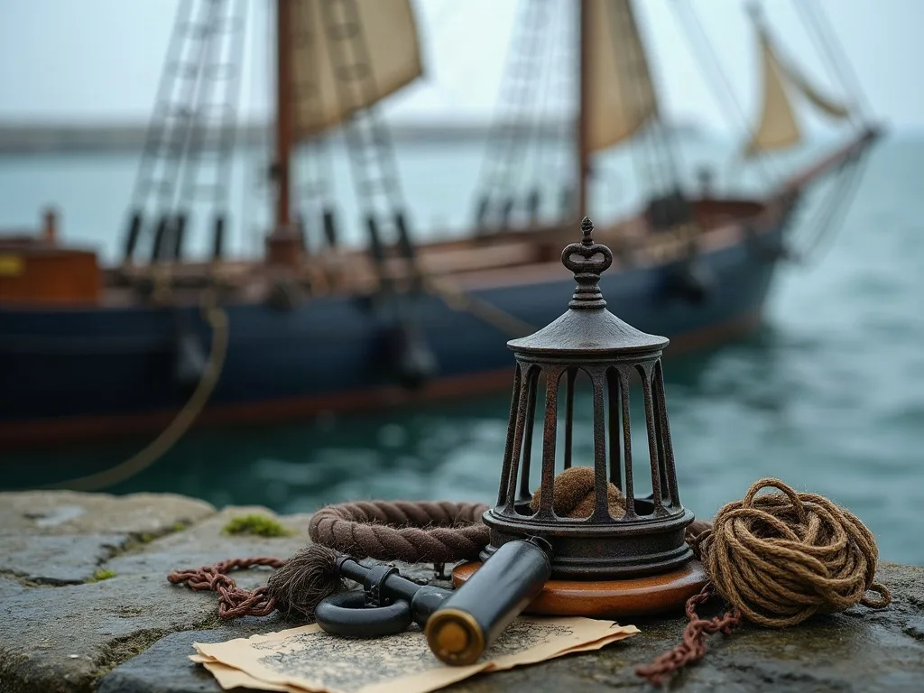 Cage en fer forgé posée sur le quai de pierre, près d'un cordage, d'une longue-vue et d'une carte, face au voilier amarré.
