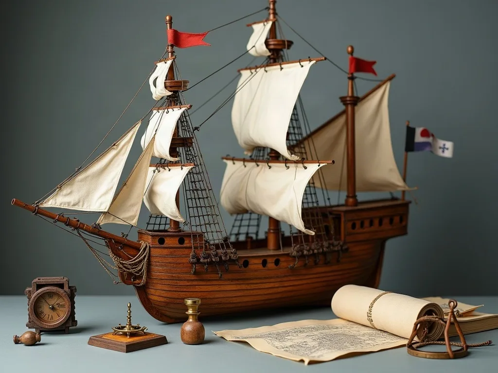 Maquette en bois d'un galion espagnol à château arrière élevé et sabords, entourée de cartes roulées et d'instruments anciens.
