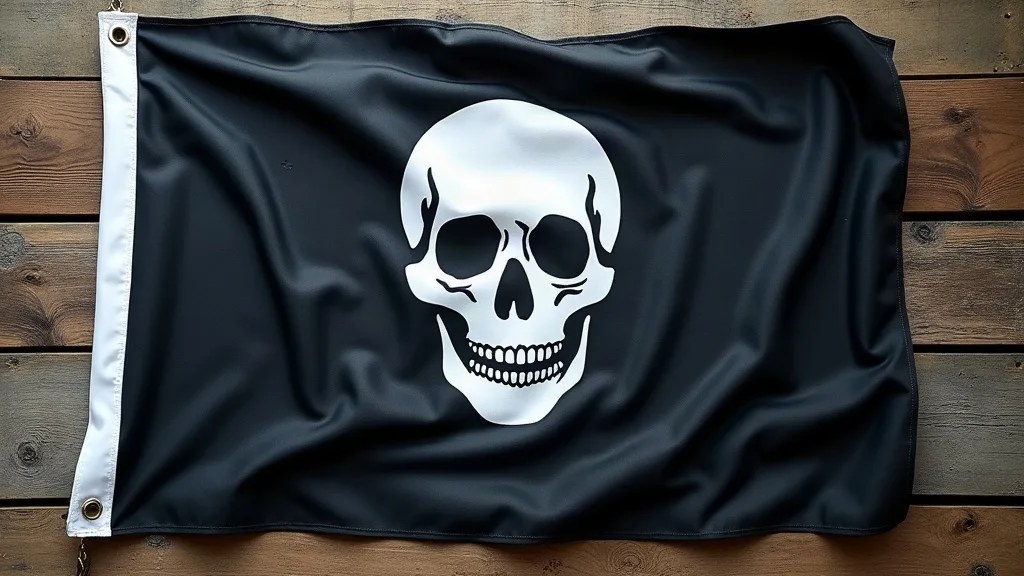 Bande de guindant blanche et œillets métalliques sur un drapeau noir en polyester, posé sur planches de bois.