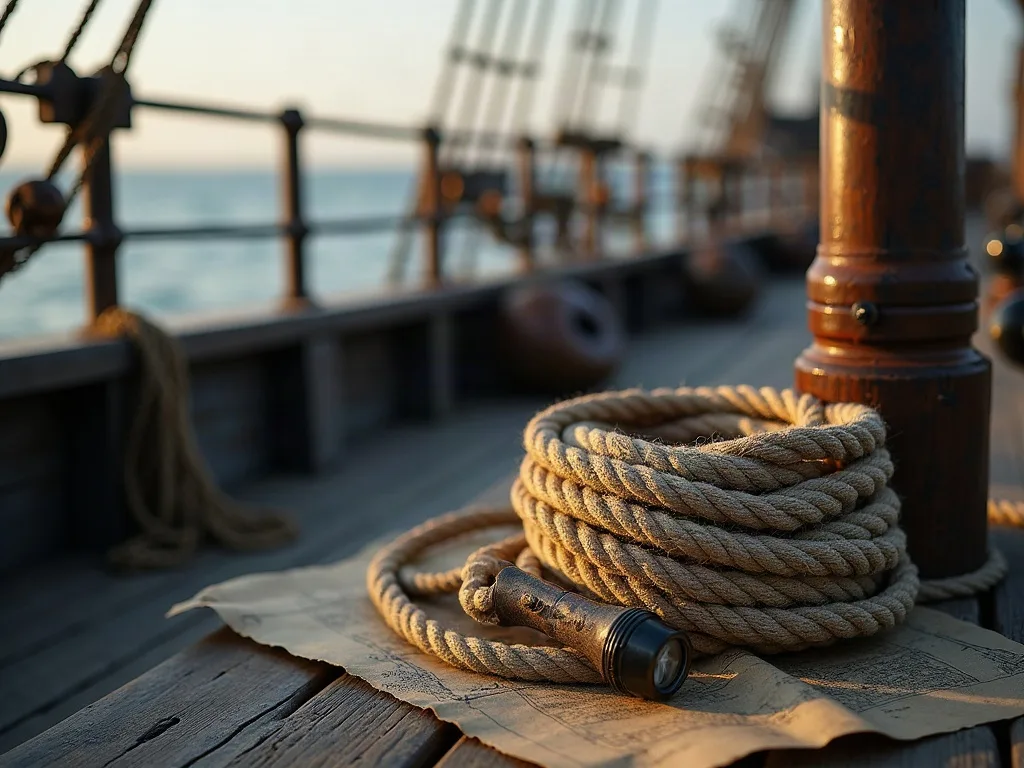 Cordage épais enroulé sur le pont usé d'un navire ancien, avec mâts et rambarde en arrière-plan.