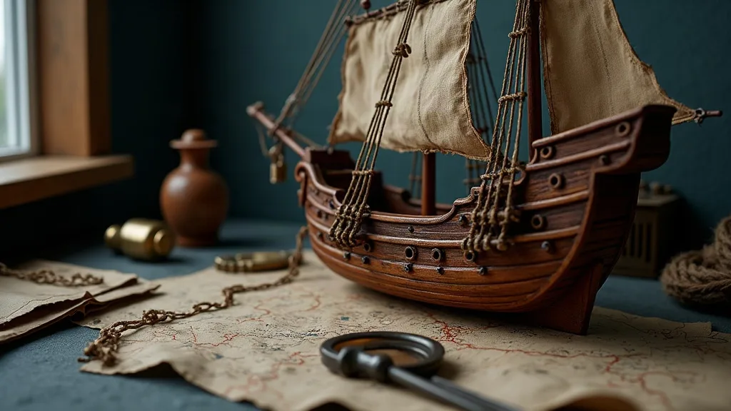 Maquette en bois d'un galion aux voiles de toile écrue, posée sur une carte ancienne près d'une clé de fer.