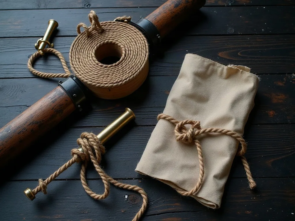 Cordage de chanvre lové, longue-vue en laiton et toile écrue nouée, posés sur des planches sombres.