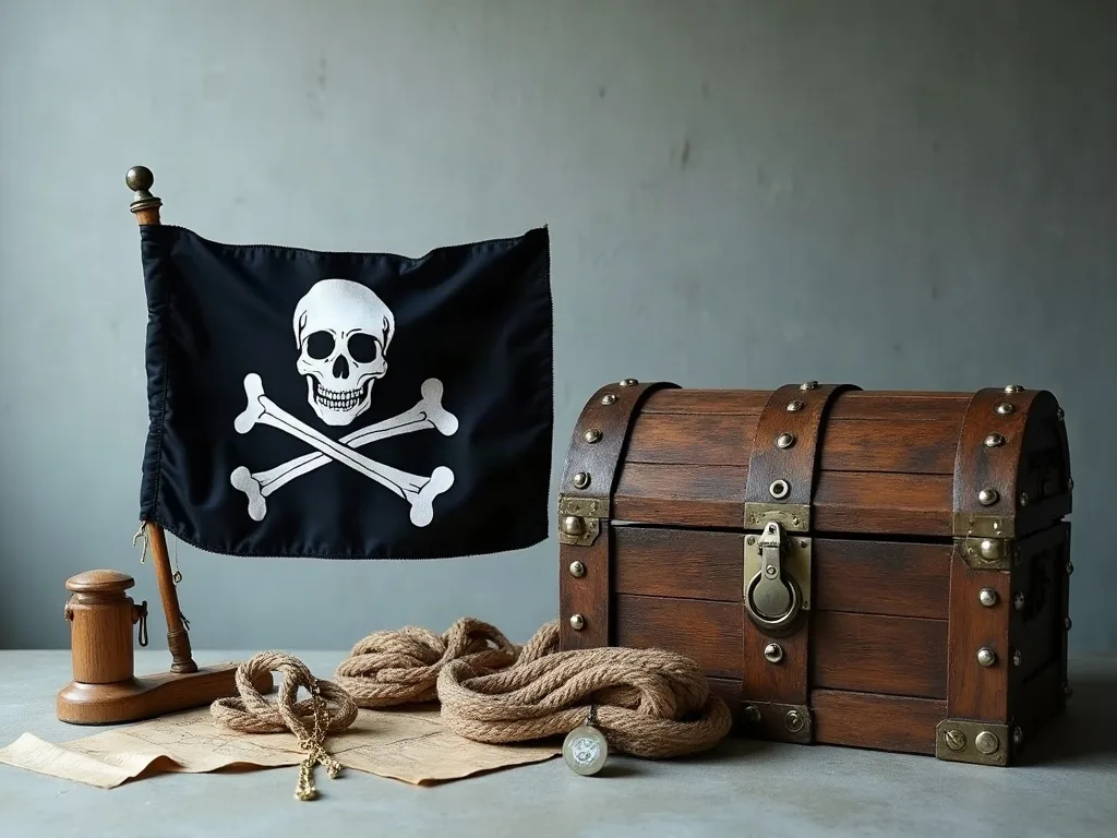 Pavillon noir à tête de mort sur mât de bois, coffre clouté à ferrures et cordage sur une carte.