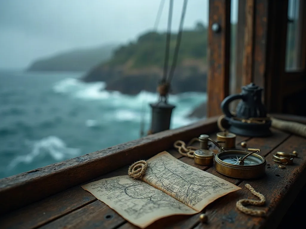 Carte marine et instruments de navigation sur le pont d'un navire face à une mer agitée et une côte rocheuse.