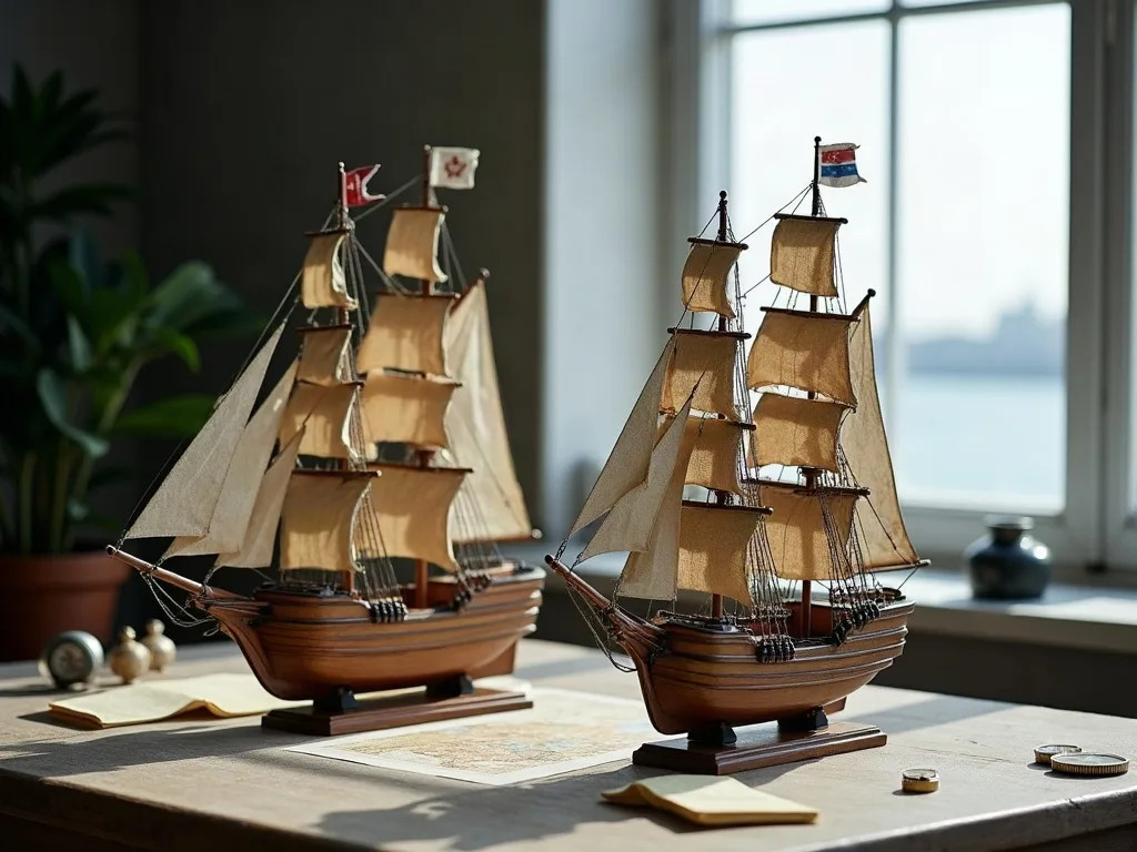 Deux maquettes de voiliers en bois à voiles de toile écrue, posées sur un socle près d'une carte marine, devant une fenêtre.