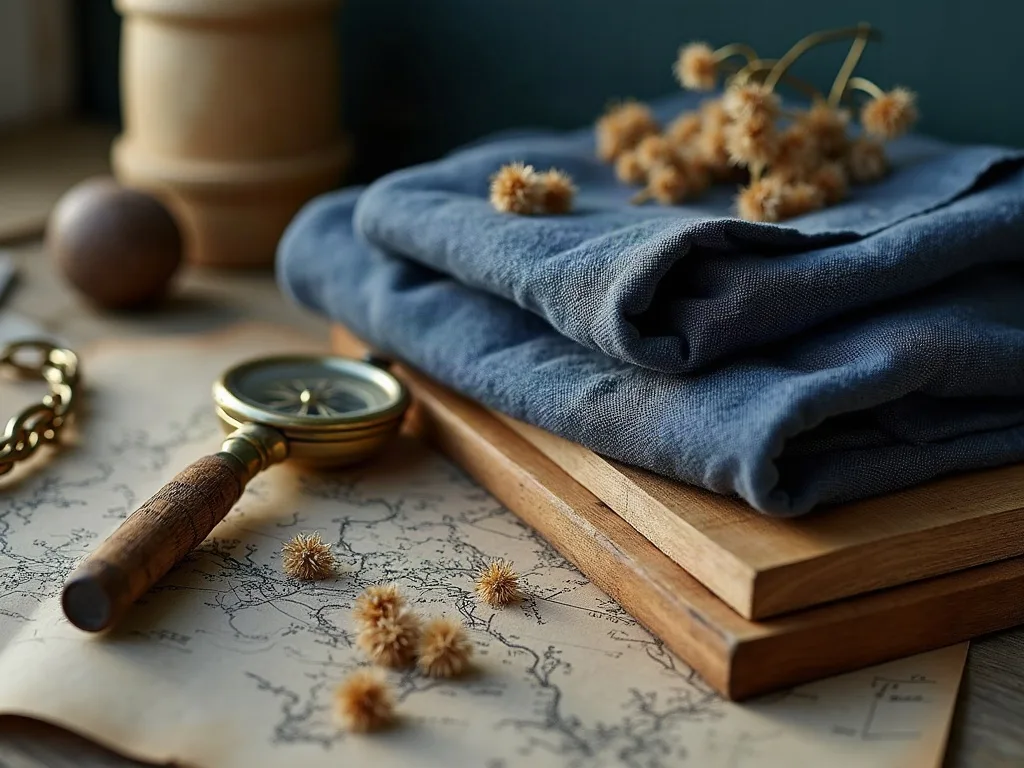 Toile de lin bleue pliée sur une planche de bois, loupe en laiton et fleurs séchées posées sur une carte ancienne.