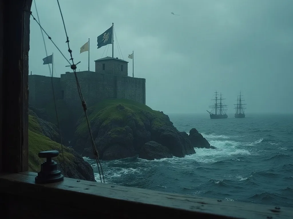 Forteresse côtière sur falaise rocheuse dominant une mer agitée, avec deux navires à voiles au large.