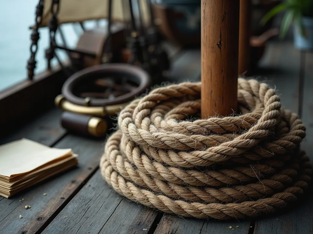 Corde de chanvre enroulée autour d'un poteau en bois sur le pont d'un navire ancien.