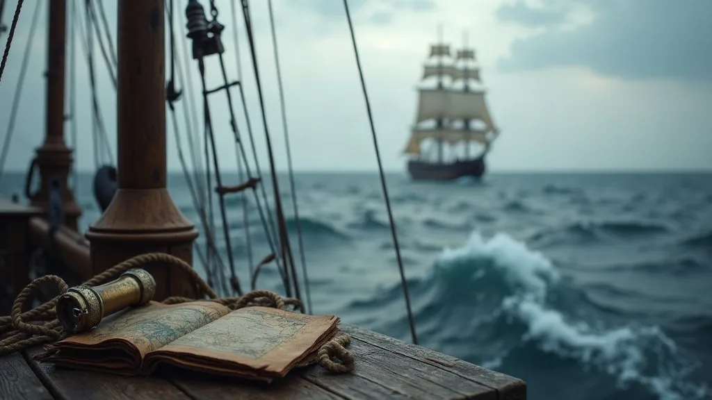 Carte marine et lunette d'approche sur le pont d'un navire, avec un trois-mâts visible à l'horizon sur une mer agitée.