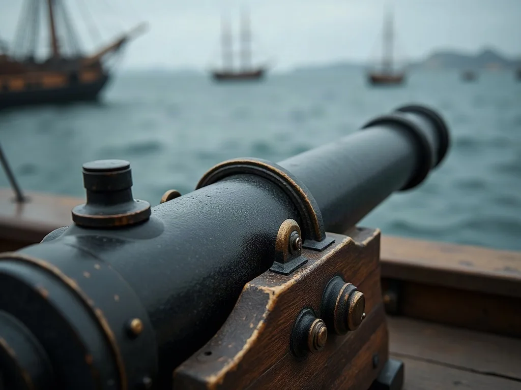 Canon ancien en métal patiné monté sur affût en bois, navires voiliers visibles en arrière-plan sur l'eau.