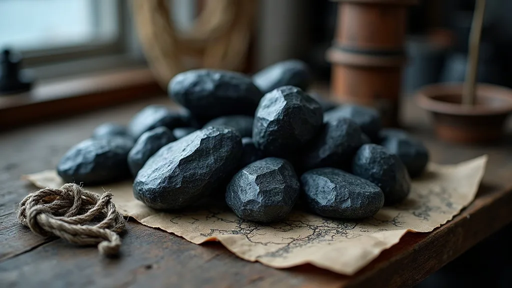 Un tas de roches noires à éclat métallique posé sur une feuille de papier, table d'atelier en bois et corde de chanvre.